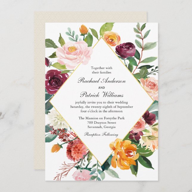 Fall Floral Diamond Frame Wedding Invitation (Front/Back)