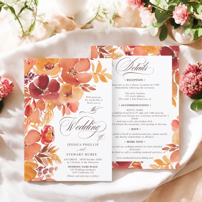 Fall Floral elegant boho all in one script wedding Invitation (Fall Floral elegant boho all in one script wedding Invitation)