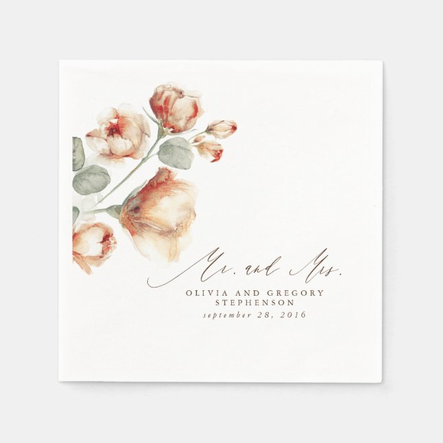Fall Floral Elegant Mr and Mrs Wedding Napkins (Front)