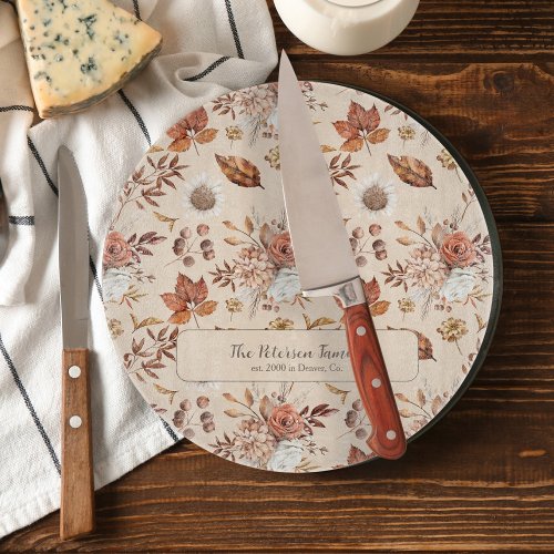 Fall floral elegant retro family name personalized cutting board