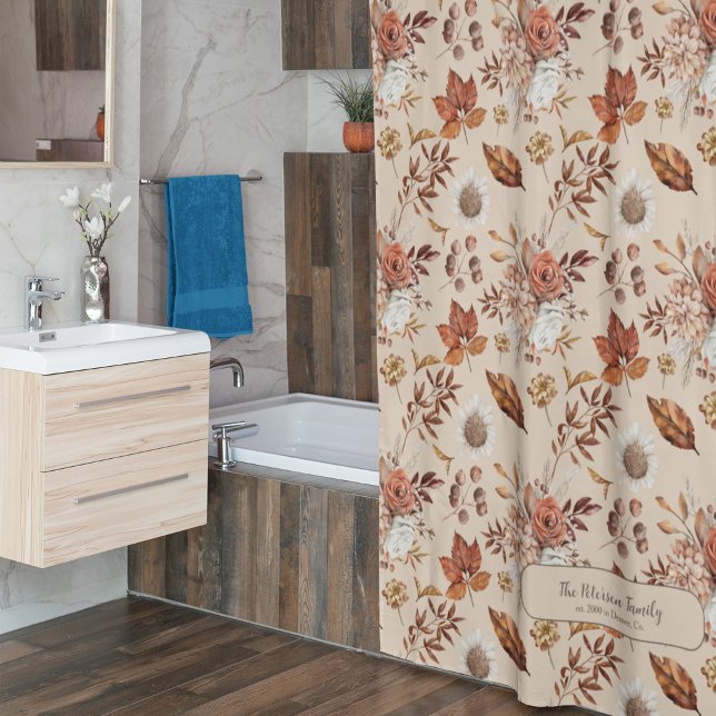 Fall floral elegant retro family name personalized shower curtain (Creator Uploaded)