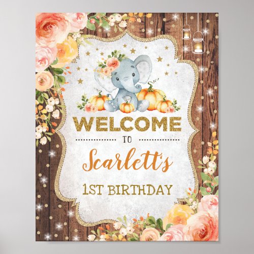 Fall Floral Elephant 1st Birthday Autumn Welcome Poster