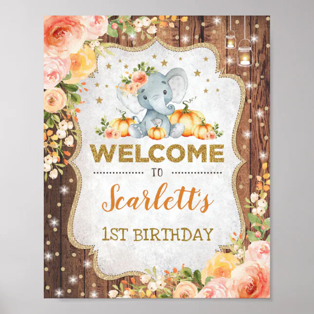 Fall Floral Elephant 1st Birthday Autumn Welcome Poster | Zazzle