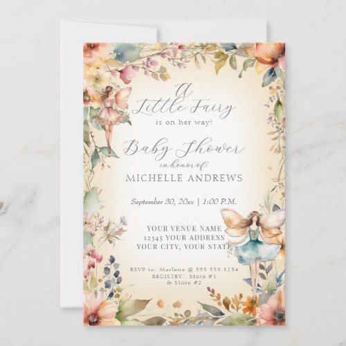 Fall Floral Enchanted Fairy Gold Girl Baby Shower Invitation