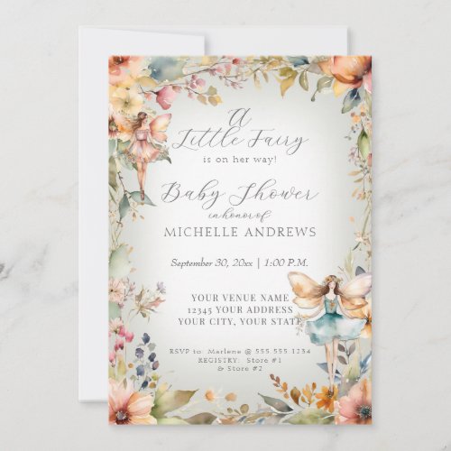 Fall Floral Enchanted Fairy Sage Girl Baby Shower Invitation