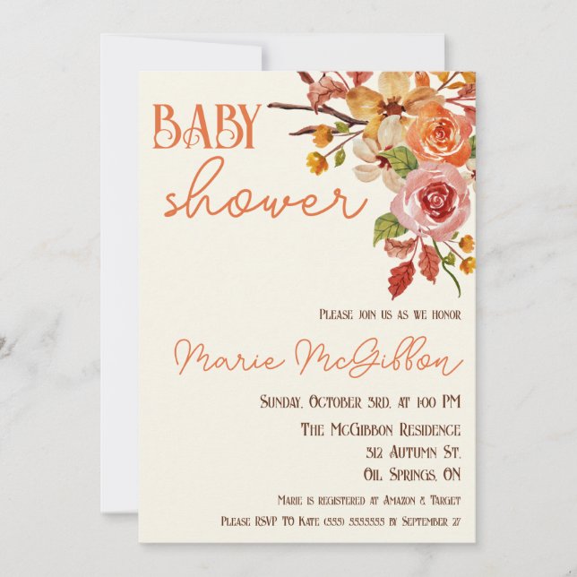 Fall Floral, Fall Leaves, Twigs, Baby Shower Invitation (Front)