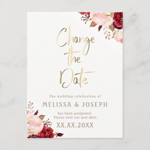 fall floral FAUX gold foil Change the date Announcement Postcard