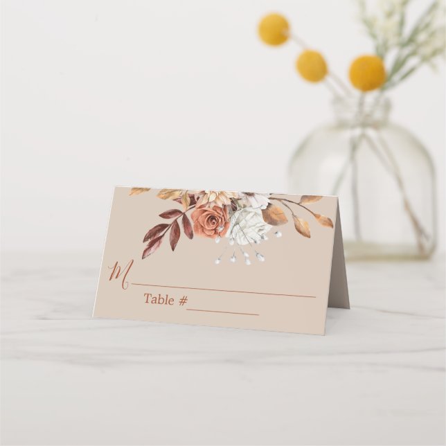 Fall Floral Flowers Beige Wedding Place Card (Front)