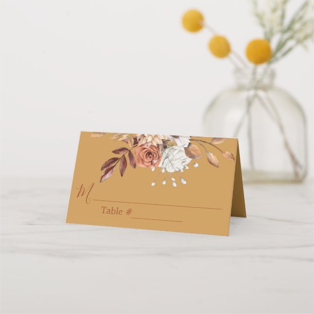 Fall Floral Flowers Gold Wedding Place Card (Front)