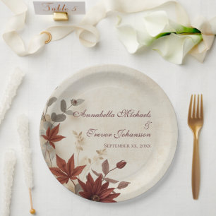 Fall Floral Foliage & Linen Autumn Wedding Paper Plates