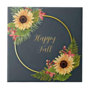 Fall floral frame with customizable text ceramic tile