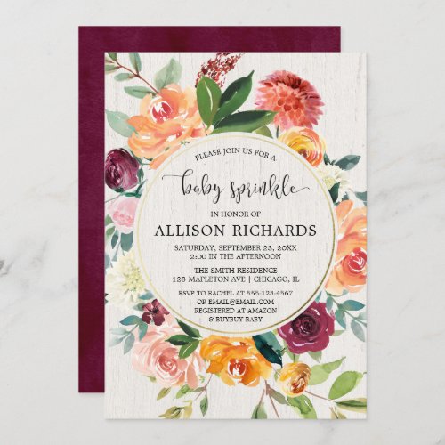 Fall floral gender neutral burgundy baby sprinkle invitation