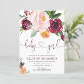 Fall floral girl baby shower, blush pink burgundy invitation (Standing Front)