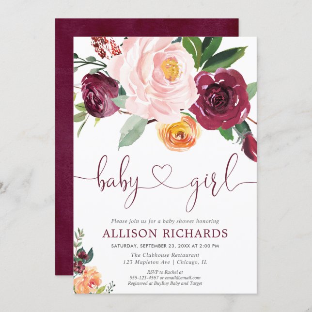 Fall floral girl baby shower, blush pink burgundy invitation (Front/Back)