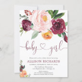 Fall floral girl baby shower, blush pink burgundy invitation (Front)