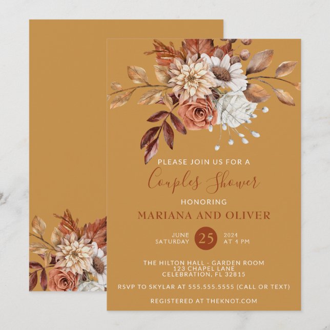 Fall Floral Gold Couples Shower Invitation (Front/Back)