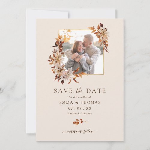 Fall Floral Gold Frame Wedding Photo Save the Date