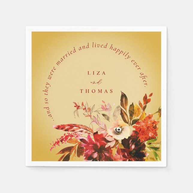 Fall Floral Gold Washed Happily Ever After Wedding Napkins (Front)