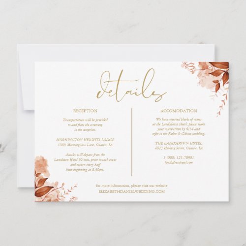 Fall Floral Gold Wedding Details Information Invitation