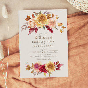 Fall Floral Golden Scarlet Leaves Wedding Invitation