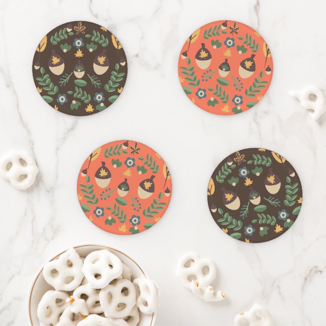 Fall Floral Greenery Leaves Acorn Design Coaster Set (In Situ)