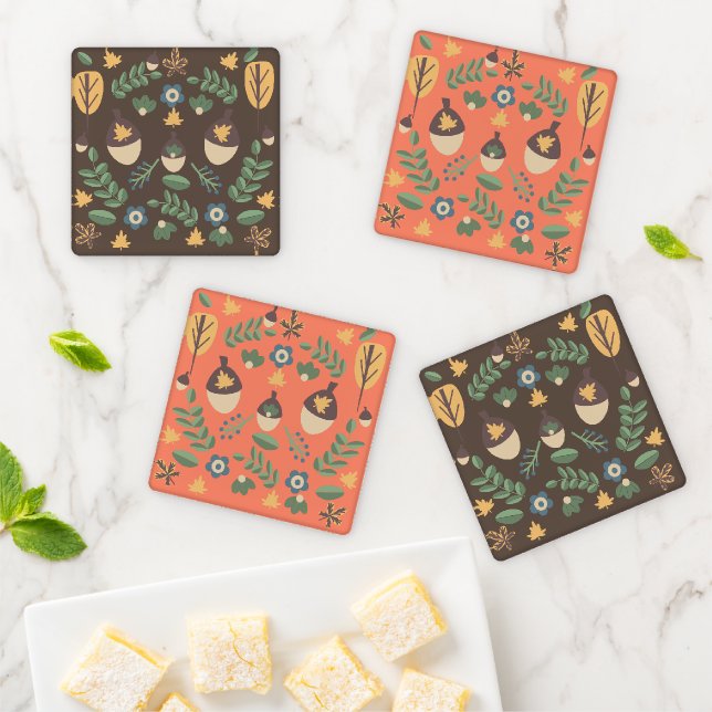 Fall Floral Greenery Leaves Acorn Design Coaster Set (In Situ)