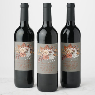 Fall Floral Grey Wedding Favors Wine Label