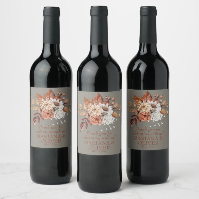 Fall Floral Grey Wedding Favors Wine Label (Bottles)