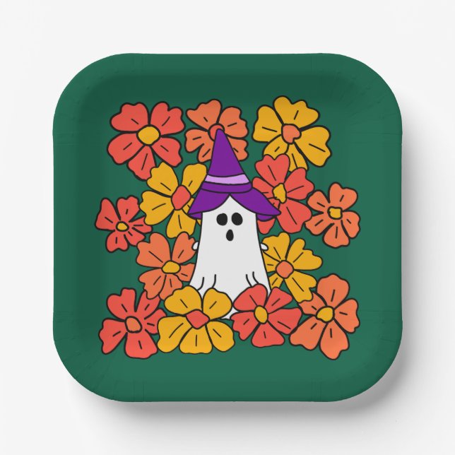 Fall Floral Halloween Ghost  Paper Plates (Front)