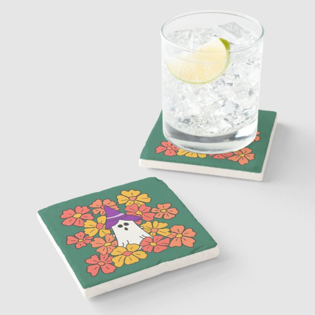 Fall Floral Halloween Ghost  Stone Coaster (Side)