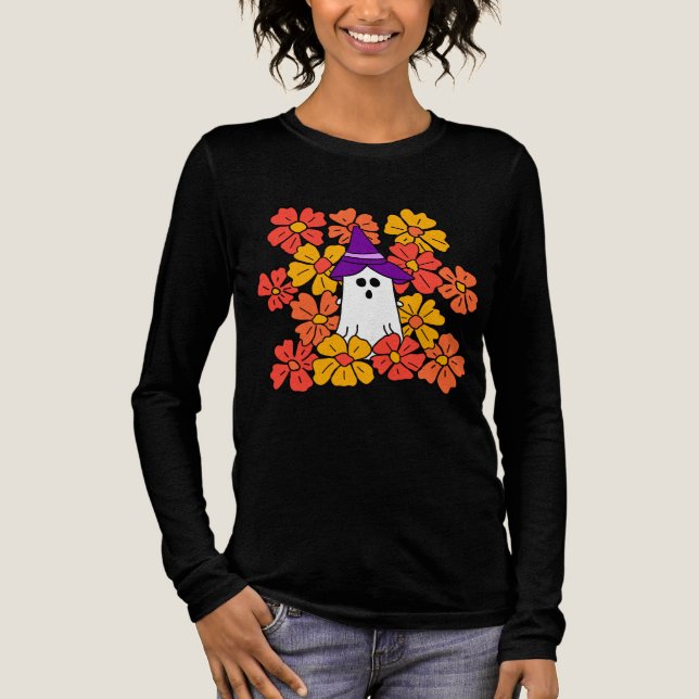 Fall Floral Halloween Ghost  Tri-Blend Shirt (Front)