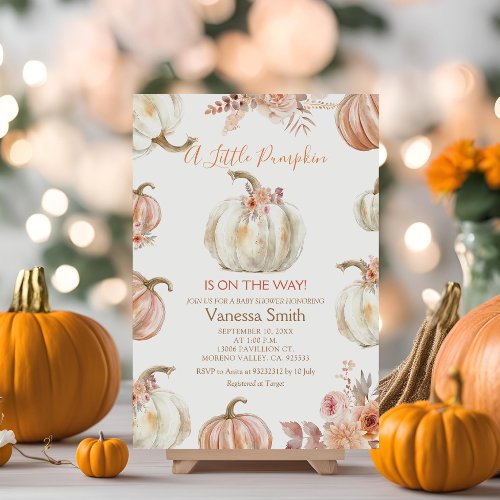 Fall Floral Ivory Beige Pumpkin Baby Shower  Invitation