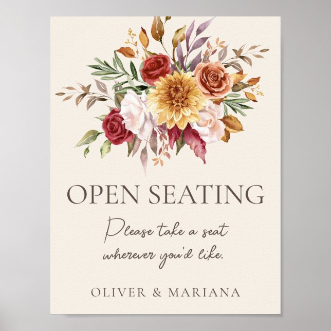 Fall Floral Ivory Wedding Open Seating Sign (Front)