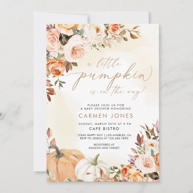 Fall Floral Little Pumpkin Baby Shower Invitation (Front)