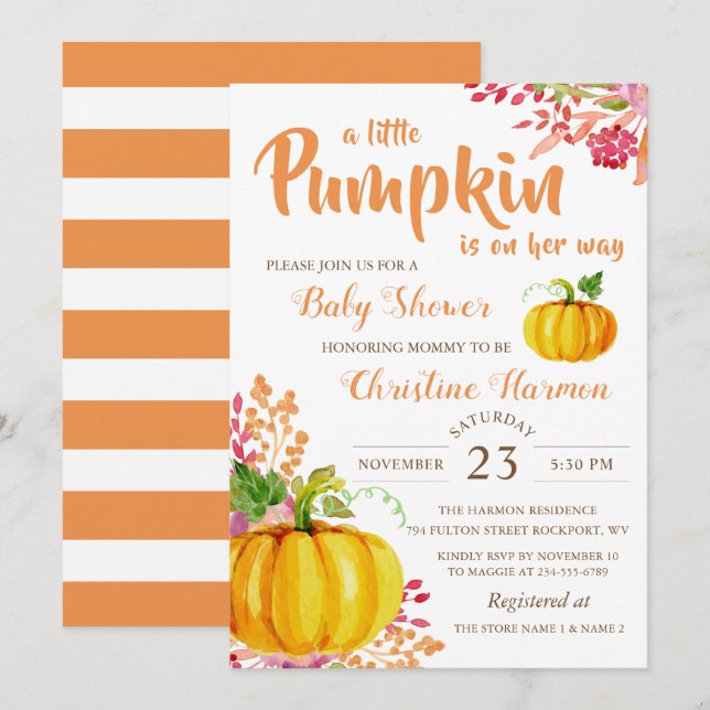 Fall Floral Little Pumpkin Baby Shower Invitation (Front/Back)