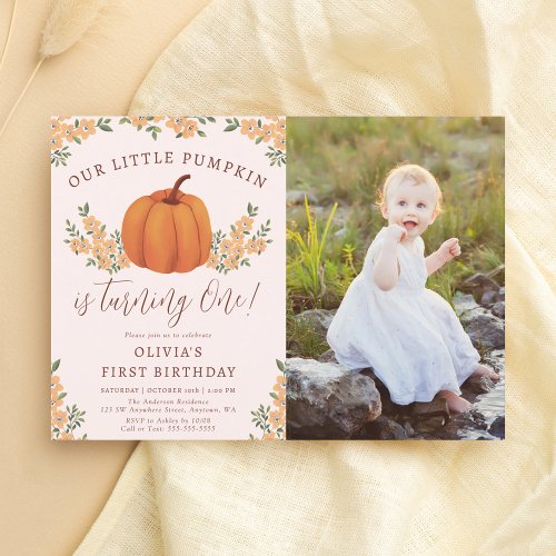 Fall Floral Little Pumpkin Girl 1st Birthday Photo Invitation