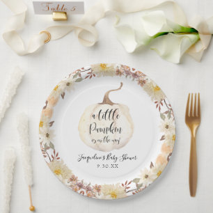 Fall Floral Little Pumpkin Watercolor Baby Shower Paper Plates