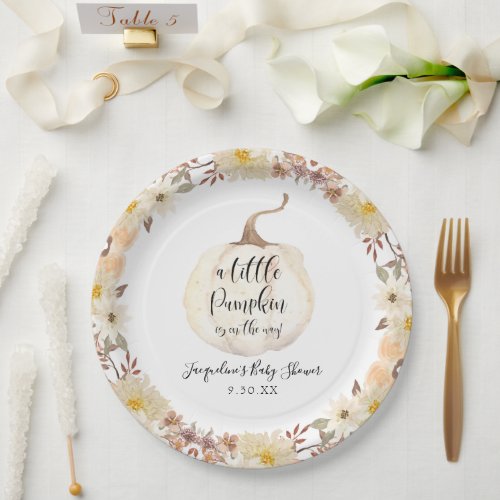 Fall Floral Little Pumpkin Watercolor Baby Shower Paper Plates