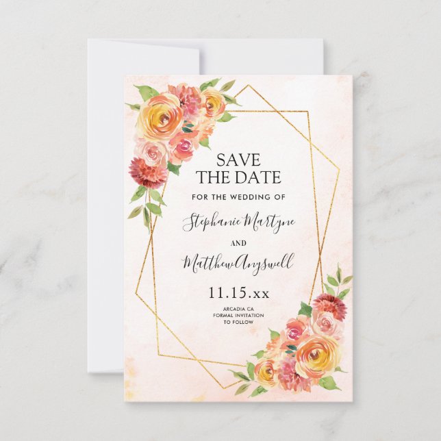 Fall Floral Modern Geometric Wedding Save The Date (Front)