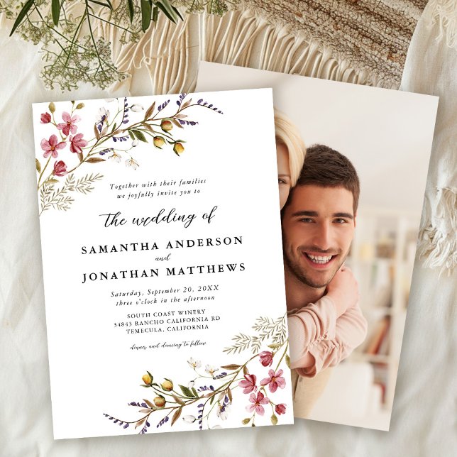 Fall Floral Modern Wildflowers Photo Wedding Invitation (Creator Uploaded)