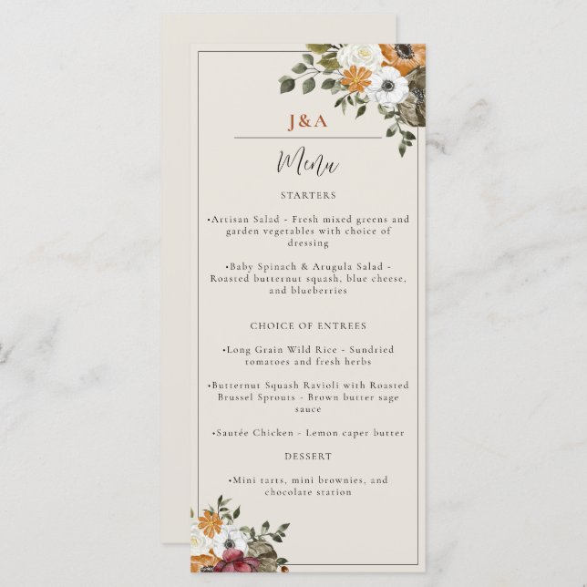 Fall Floral Monogram Wedding Watercolor Ivory Menu (Front/Back)