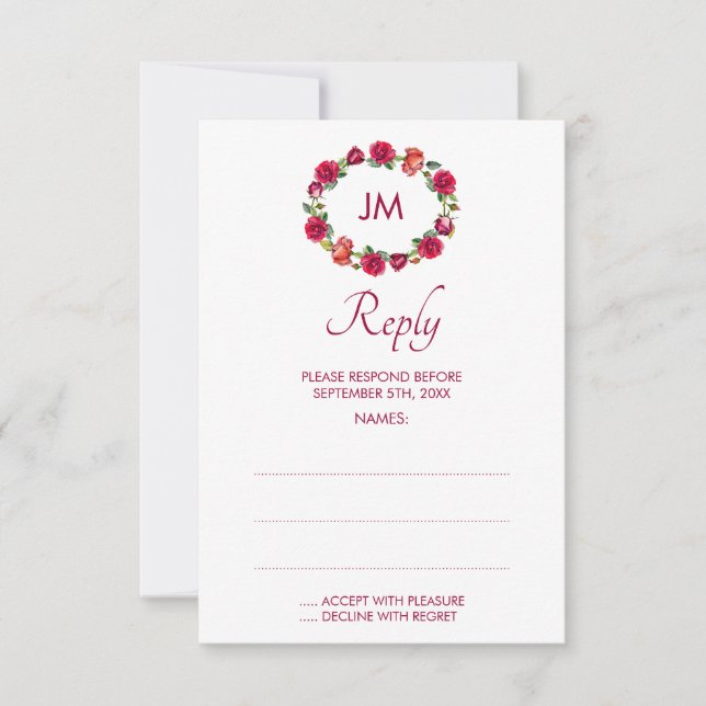 Fall Floral Monogram Wreath Wedding Reply Cards (Front)