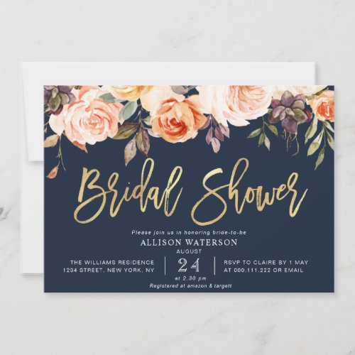 fall floral navy blue bridal shower invitation