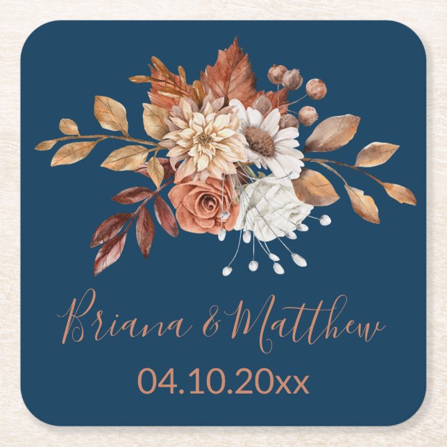 Fall Floral Navy Blue Square Paper Coaster (Front)