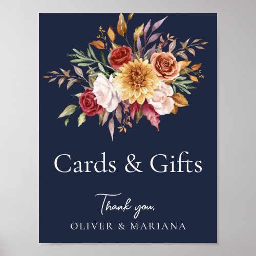 Fall Floral Navy Blue Wedding Cards  Gifts Sign