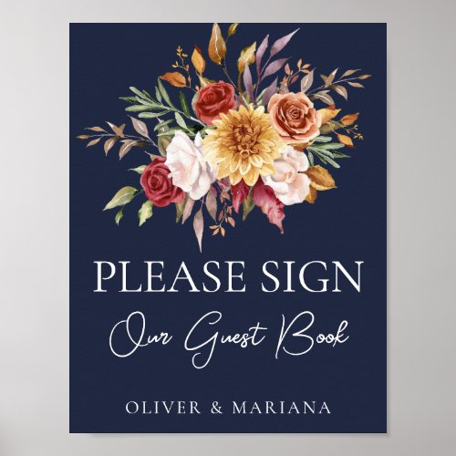 Fall Floral Navy Blue Wedding Guest Book Sign