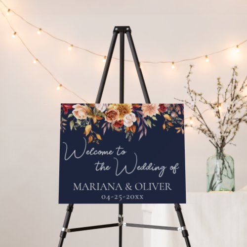 Fall Floral Navy Blue Wedding Welcome Sign