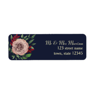 Fall Floral Navy Burgundy Wedding Address Label