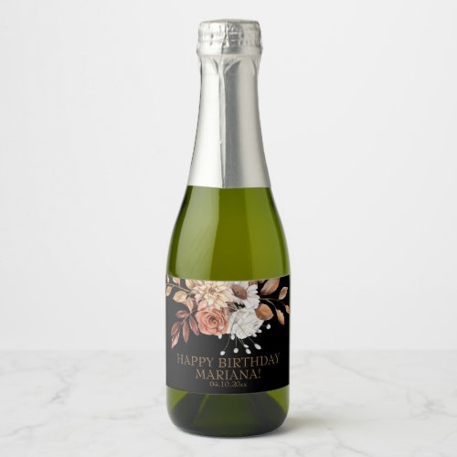 Fall Floral on Black Birthday Party Cha Sparkling Wine Label