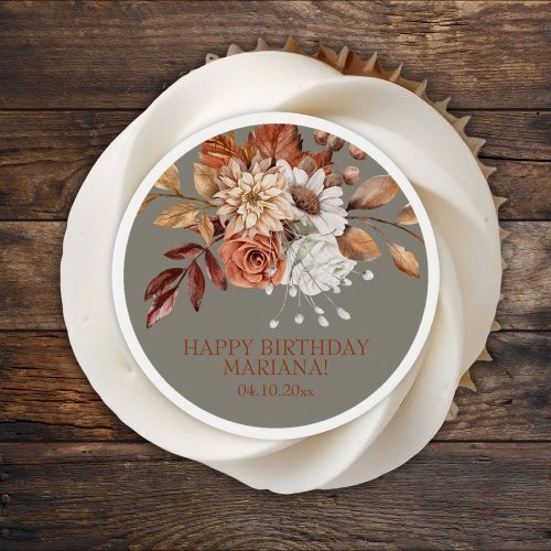 Fall Floral on Grey Birthday Party Edible Frosting Rounds